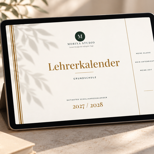 Lehrerkalender Grundschule Luxus Edition 2027/28 – Digitaler Schuljahreskalender in Weiß & Gold für iPad & GoodNotes