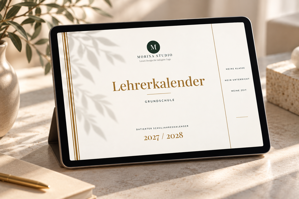 Lehrerkalender Grundschule Luxus Edition 2027/28 – Digitaler Schuljahreskalender in Weiß & Gold für iPad & GoodNotes