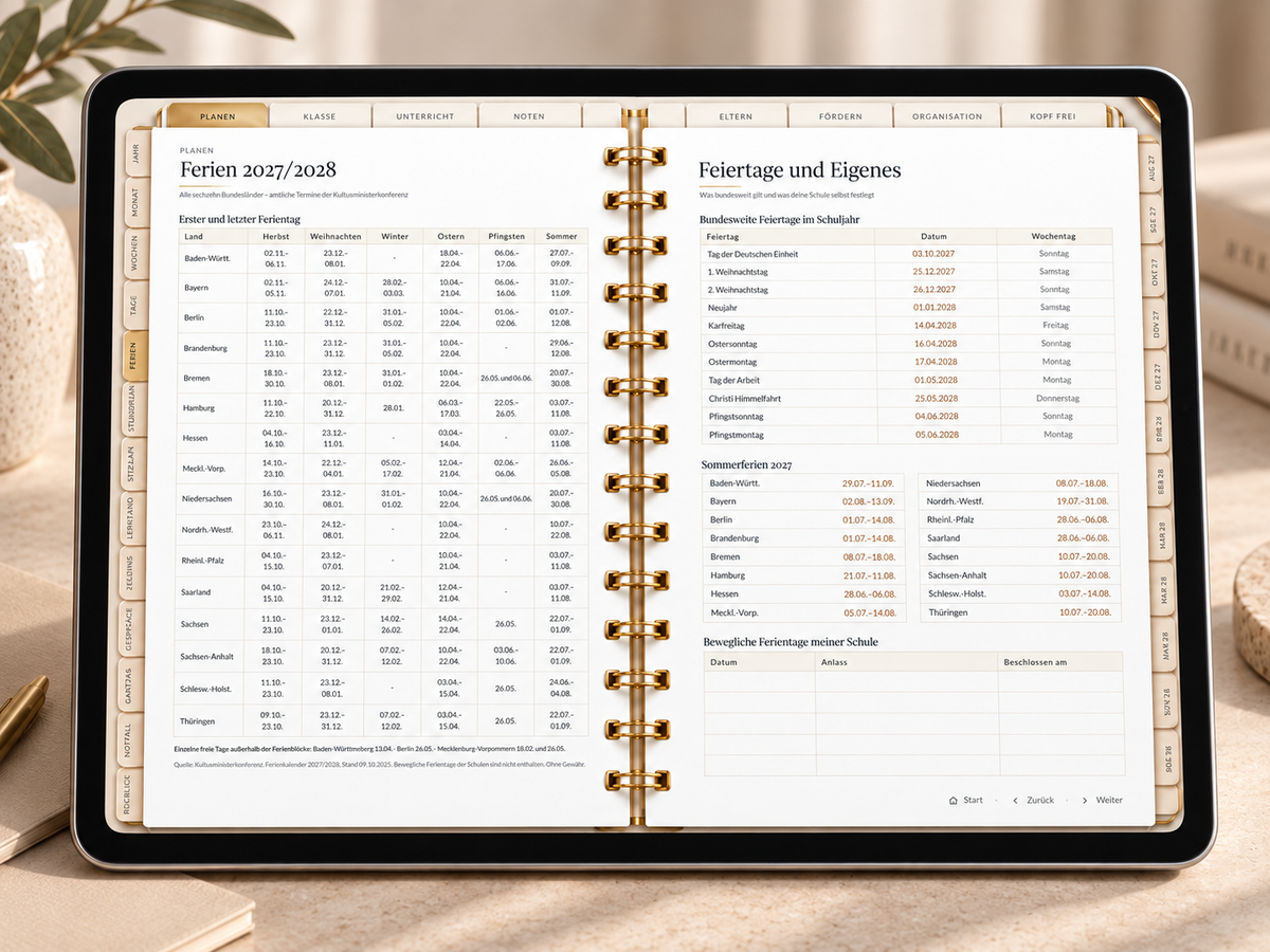 Lehrerkalender Grundschule Luxus Edition 2027/28 – Digitaler Schuljahreskalender in Weiß & Gold für iPad & GoodNotes