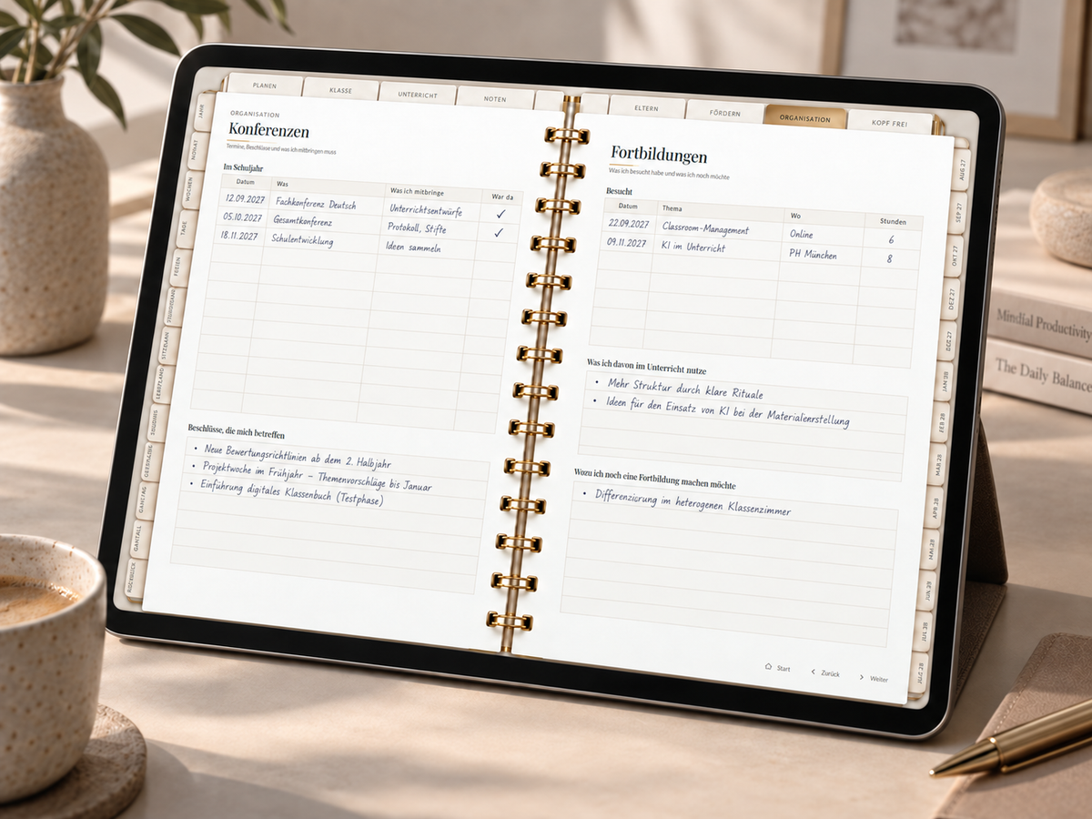 Lehrerkalender Grundschule Luxus Edition 2027/28 – Digitaler Schuljahreskalender in Weiß & Gold für iPad & GoodNotes