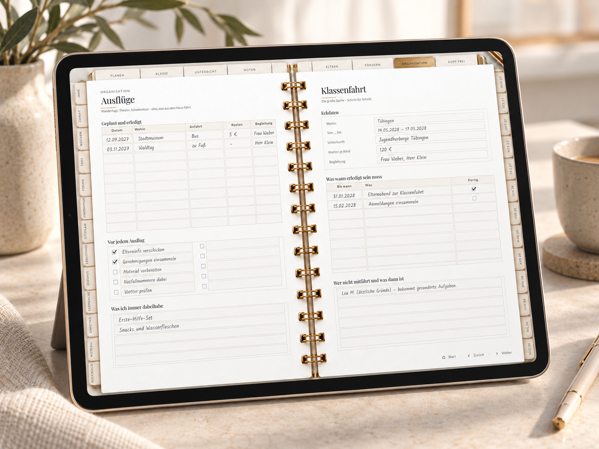 Lehrerkalender Grundschule Luxus Edition 2027/28 – Digitaler Schuljahreskalender in Weiß & Gold für iPad & GoodNotes