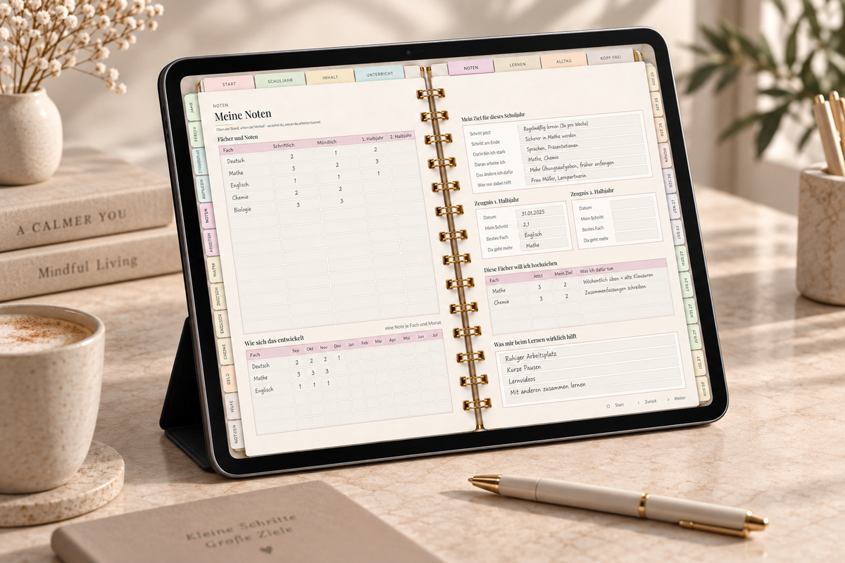 Schülerkalender Luxus 2026/27 – Tagesplaner im Ringbuch (Klasse 5–13) | GoodNotes & iPad