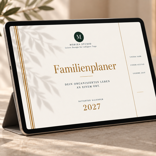 Familienplaner Luxus 2027 auf einem Tablet – digitales Deckblatt in Creme, Waldgrün und Gold