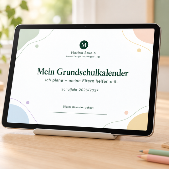 Mein Grundschulkalender 2026/27 – das Cover auf einem iPad, daneben Buntstifte