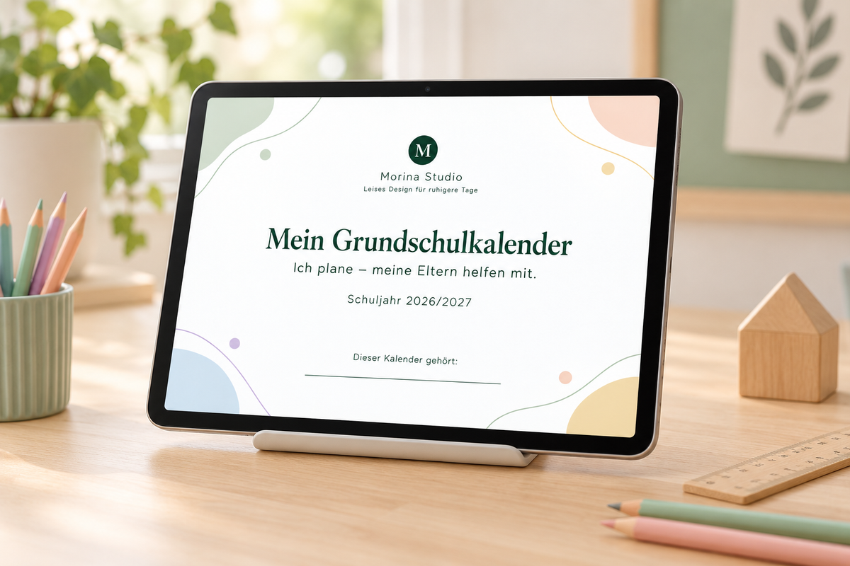 Mein Grundschulkalender 2026/27 – das Cover auf einem iPad, daneben Buntstifte