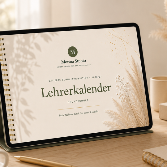 Lehrerkalender Grundschule 2026/27 auf dem Tablet – digitaler Schuljahresplaner von Morina Studio
