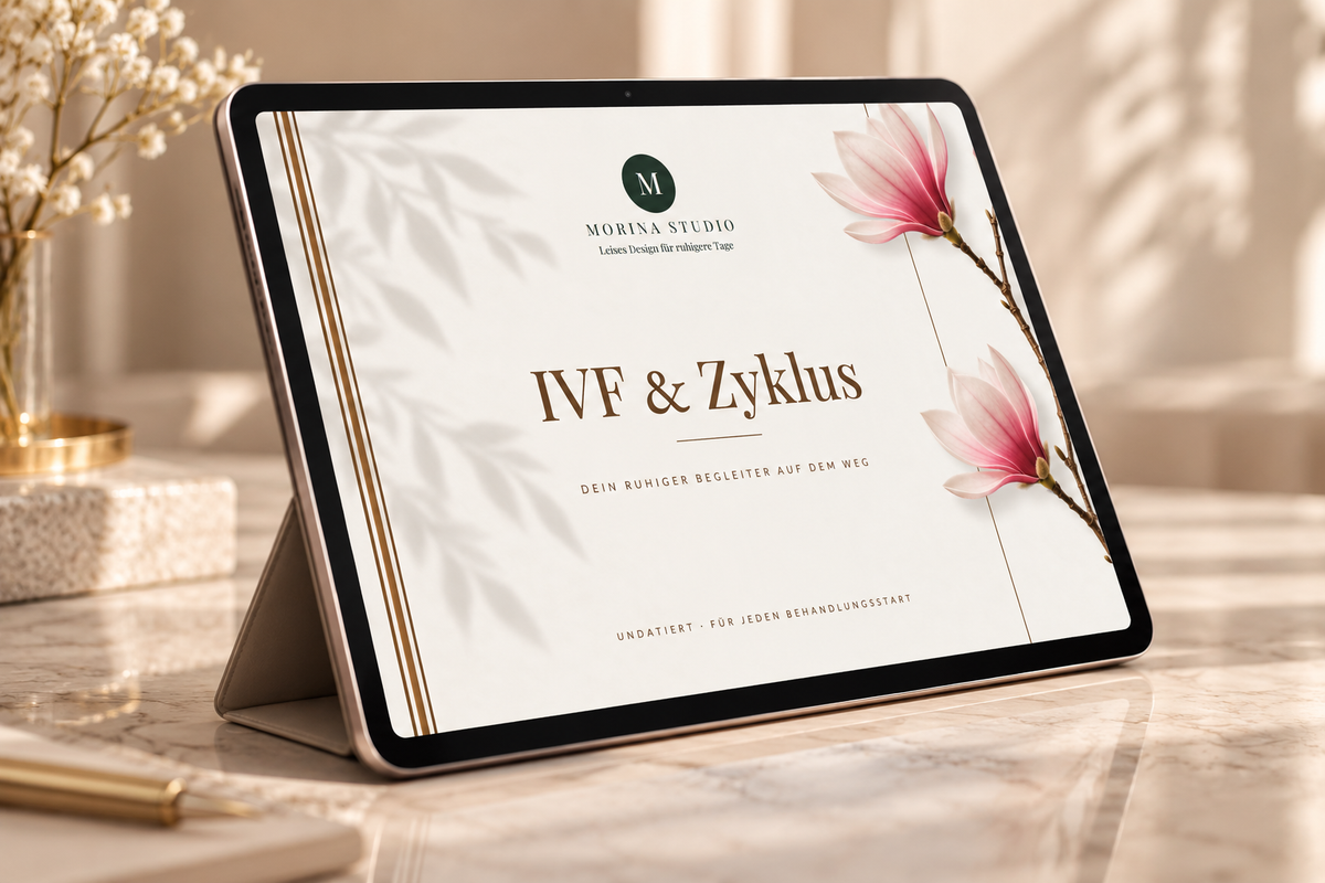 IVF & Zyklus Luxus Edition – Cover auf dem Tablet, undatiert für jeden Behandlungsstart