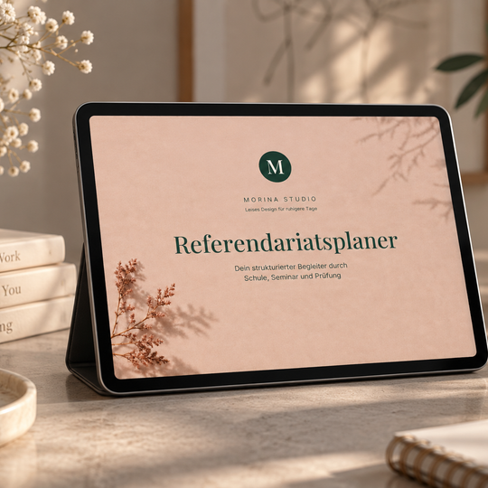 Tablet auf einem hellen Schreibtisch zeigt das Cover des digitalen Referendariatsplaners in Puderrosa mit dunkelgrünem Monogramm.