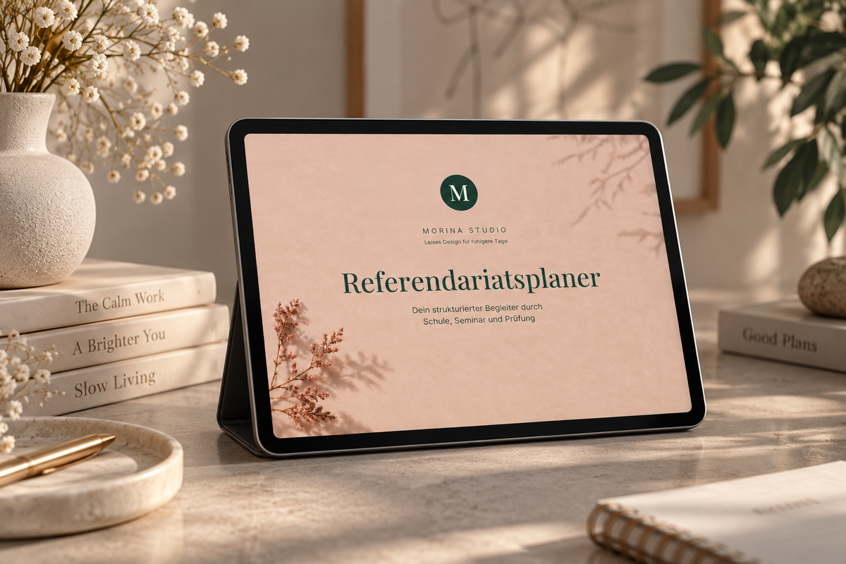 Tablet auf einem hellen Schreibtisch zeigt das Cover des digitalen Referendariatsplaners in Puderrosa mit dunkelgrünem Monogramm.