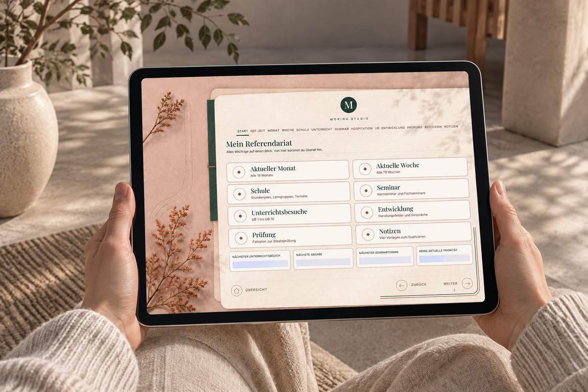 Startseite Mein Referendariat auf dem Tablet mit Kacheln zu Monat, Woche, Schule, Seminar, Unterrichtsbesuchen, Entwicklung, Prüfung und Notizen.