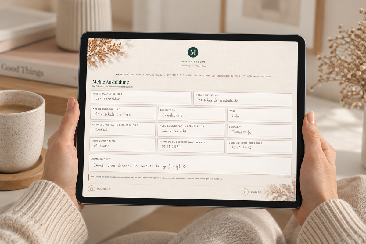 Ausgefüllte Seite Meine Ausbildung mit Feldern für Ausbildungsschule, Schulform, ZfsL, Fächer, Seminartag und Zeitraum des Vorbereitungsdienstes.