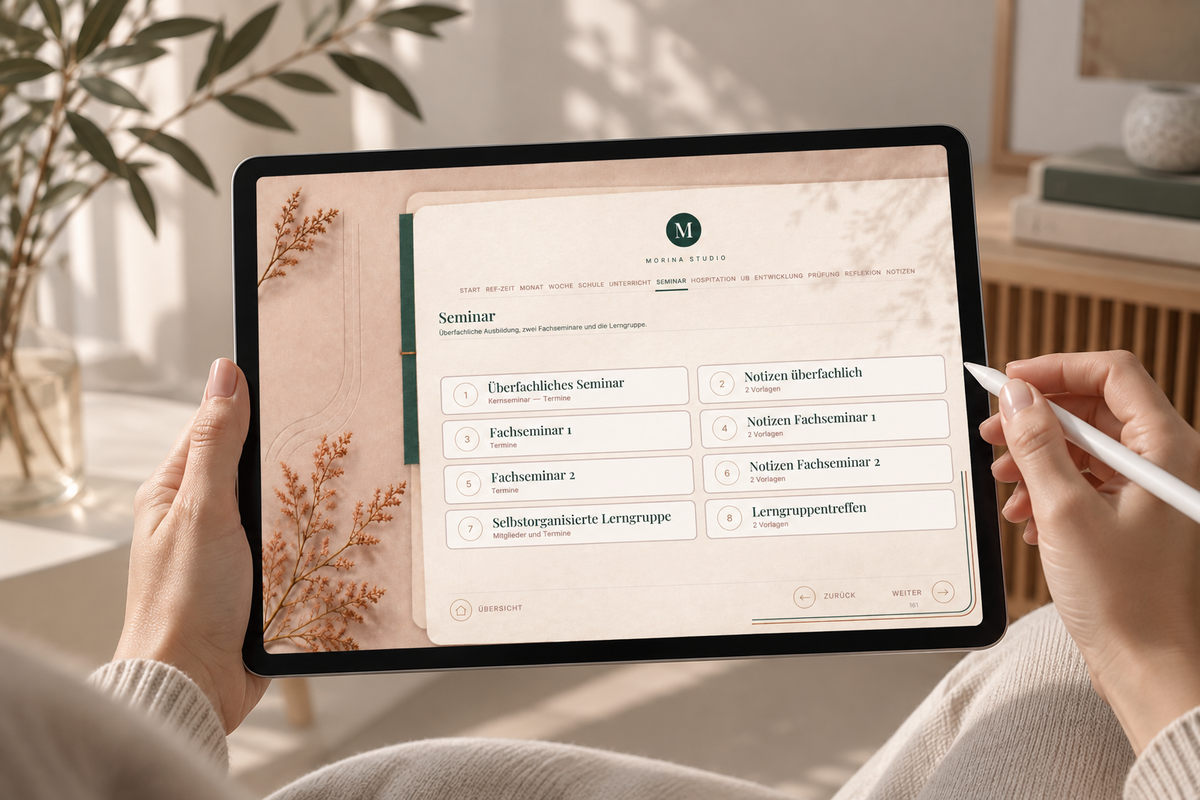 Übersichtsseite Seminar auf dem Tablet mit Apple Pencil: überfachliches Seminar, zwei Fachseminare und selbstorganisierte Lerngruppe.