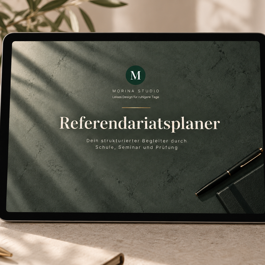 Tablet auf einem hellen Schreibtisch zeigt das dunkelgrüne Cover des digitalen Referendariatsplaners von Morina Studio.