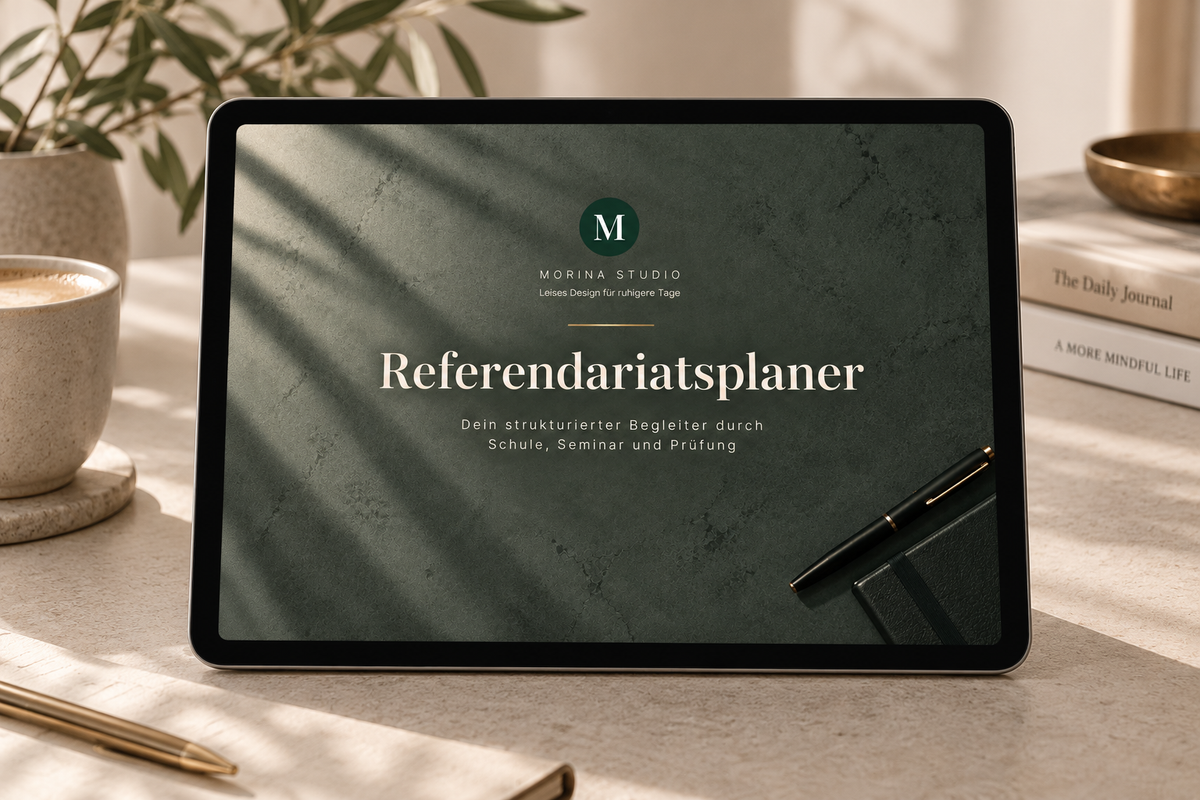 Tablet auf einem hellen Schreibtisch zeigt das dunkelgrüne Cover des digitalen Referendariatsplaners von Morina Studio.