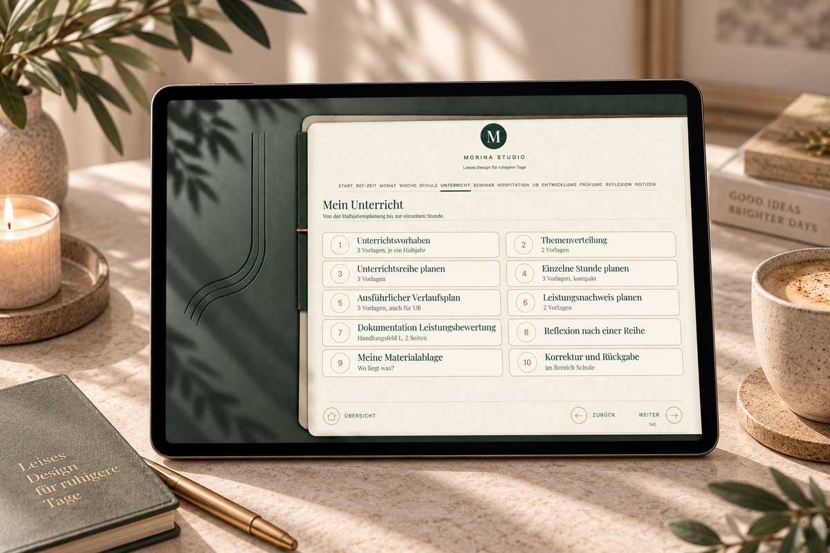 Übersichtsseite Mein Unterricht auf dem Tablet mit Kacheln zu Unterrichtsvorhaben, Reihenplanung, Verlaufsplan und Leistungsnachweisen.