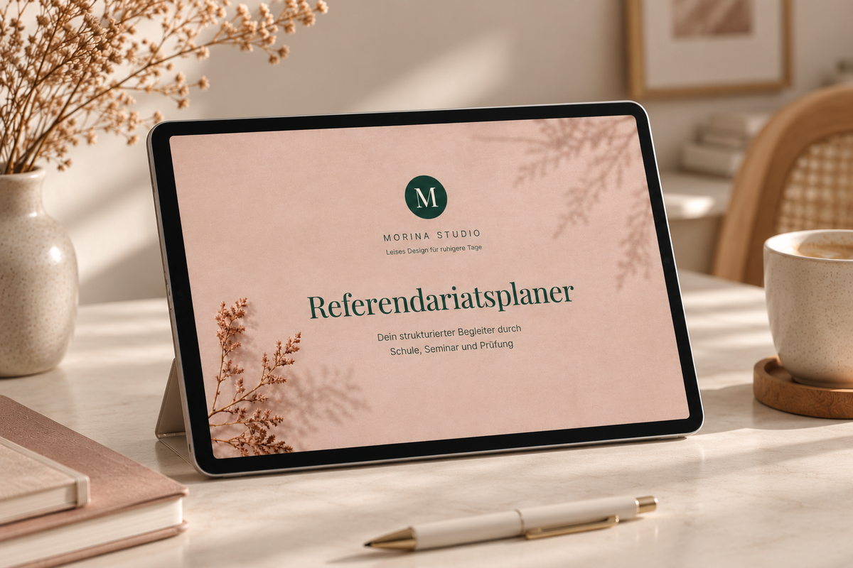 Tablet auf einem hellen Schreibtisch zeigt das Cover des digitalen Referendariatsplaners von Morina Studio in Puderrosa mit dunkelgrünem Monogramm.