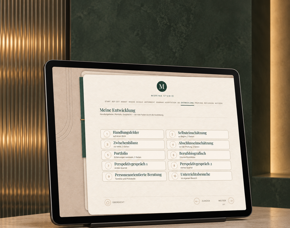 Übersichtsseite Meine Entwicklung mit Handlungsfeldern, Selbsteinschätzung, Portfolio, Perspektivgesprächen und personenorientierter Beratung.
