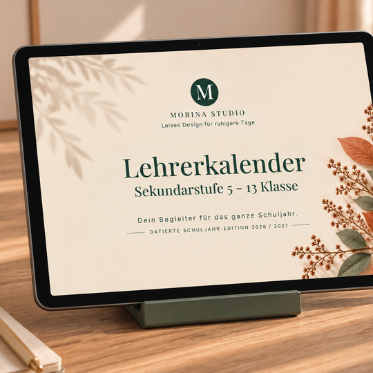 Lehrerkalender Sekundarstufe 2026/27 Herbst-Edition – Cover auf dem iPad | Morina Studio