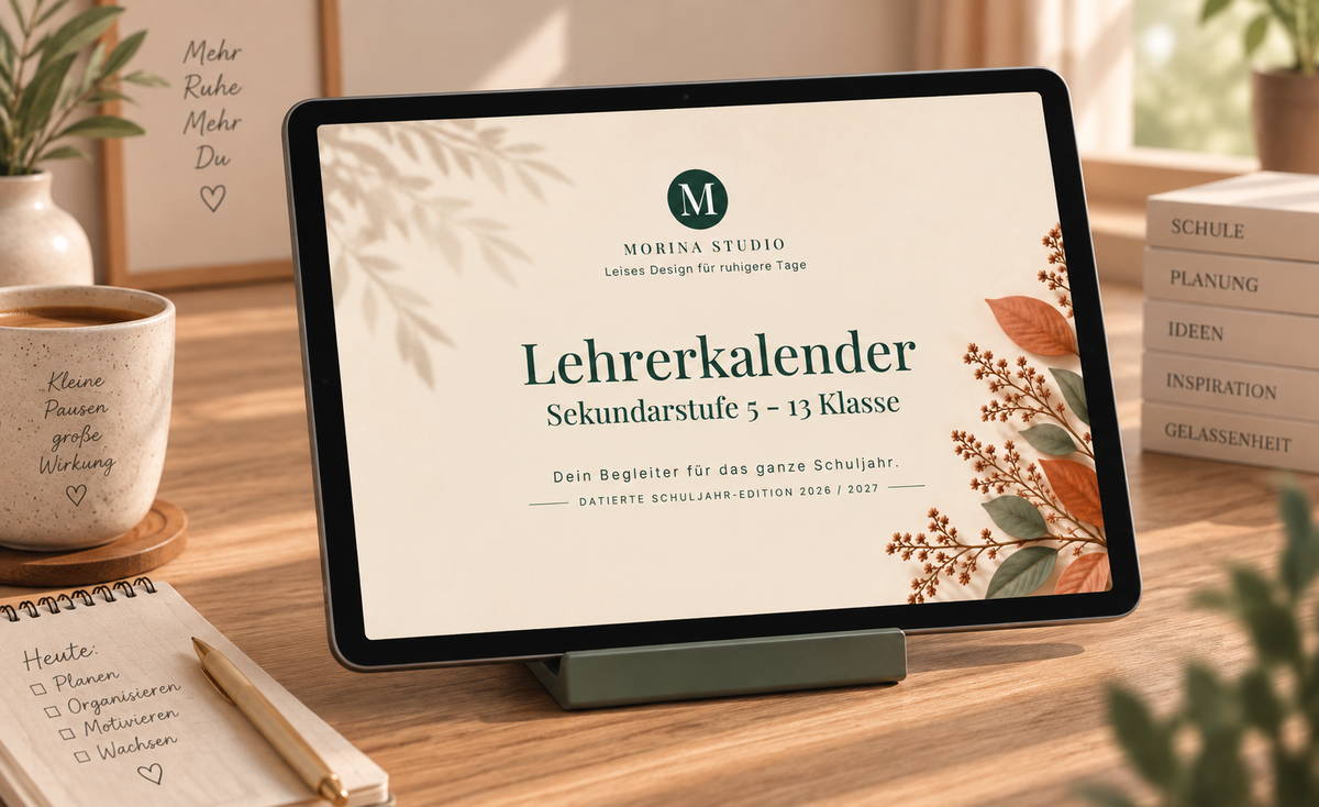 Lehrerkalender Sekundarstufe 2026/27 Herbst-Edition – Cover auf dem iPad | Morina Studio