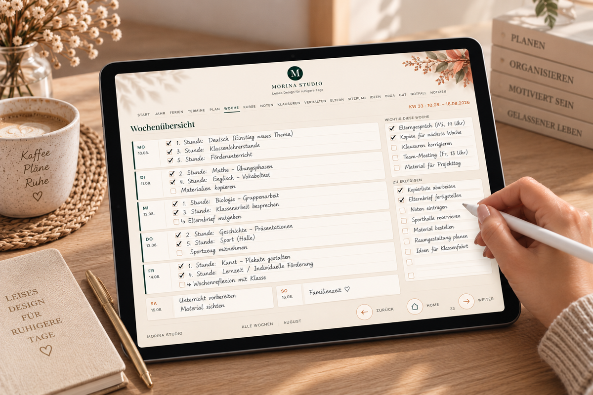 Lehrerkalender Sekundarstufe 2026/27 Herbst-Edition – Wochenübersicht mit Stift | Morina Studio