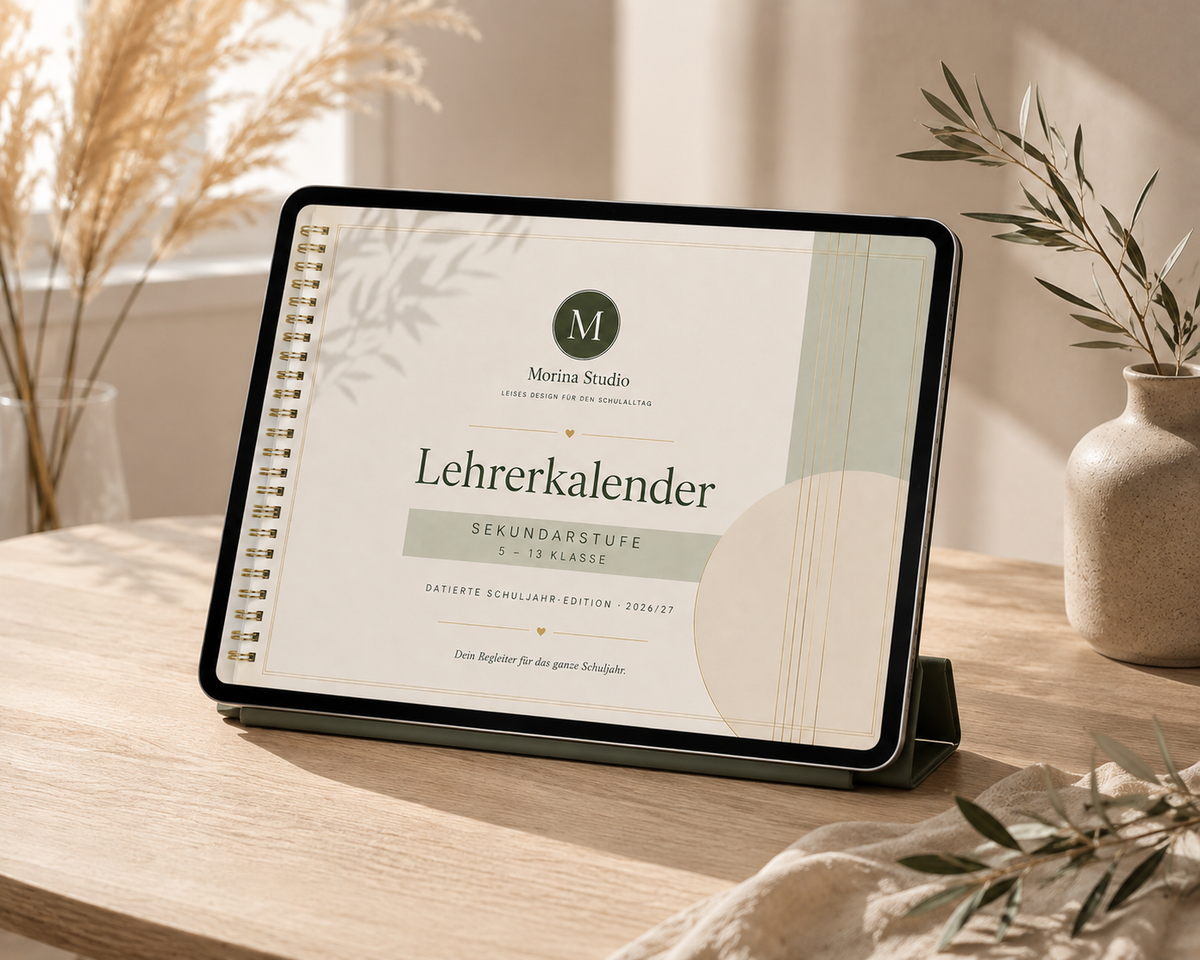Lehrerkalender Sekundarstufe 2026/27 – Cover auf dem Tablet | Morina Studio