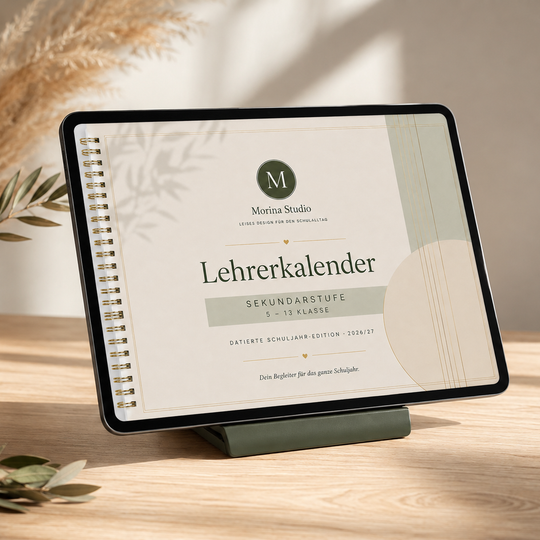 Lehrerkalender Sekundarstufe 2026/27 – Cover auf dem iPad | Morina Studio
