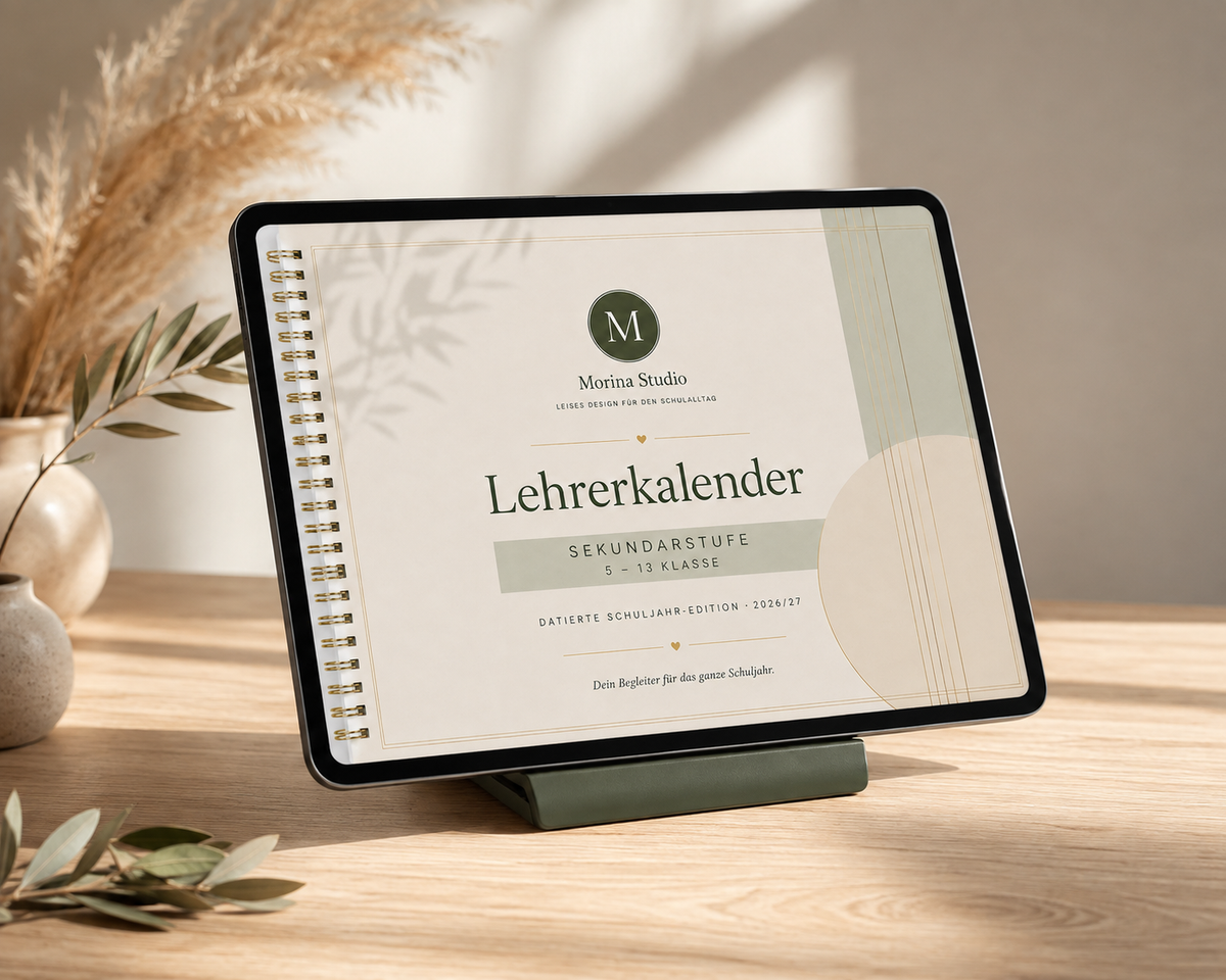 Lehrerkalender Sekundarstufe 2026/27 – Cover auf dem iPad | Morina Studio